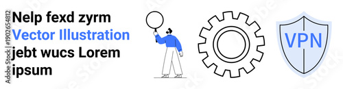 Person holding balloon, large gear, VPN shield conveying data protection, internet security, process management. Ideal for technology, networking, cybersecurity, teamwork innovation efficiency