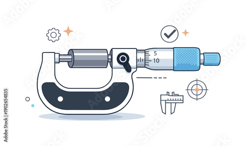 Micrometer inspection. A precision micrometer measuring a cylindrical part, symbolizing fine tolerances and quality control. The composition