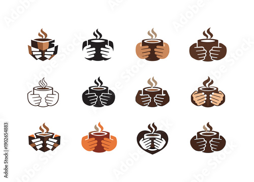 Drinking hot chocolate. Icon set. Set Logo of Drinking hot chocolate: hands holding warm mug. harmonious logo variations of the