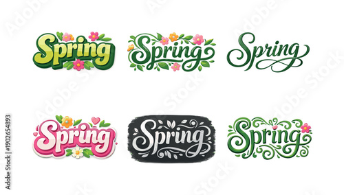 Ornamental spring text. Set lettering. harmonious lettering variations of the same emblematic concept, each with different artistic