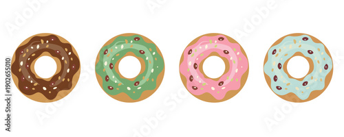 Set of colorful glazed donuts with sprinkles. Vector sweet pastry doughnuts with chocolate, strawberry, mint and vanilla frosting isolated on white.