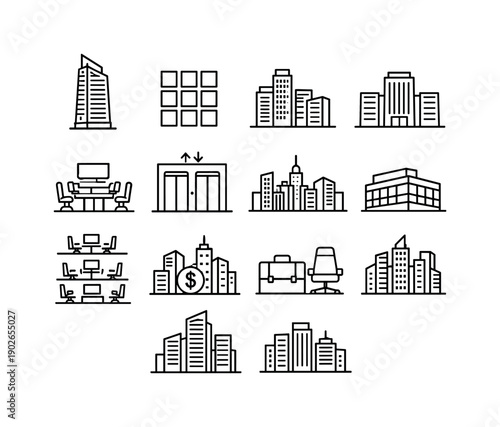 Office skyscraper business. Line icon set of Office skyscraper business: corporate tower, office windows, business district,