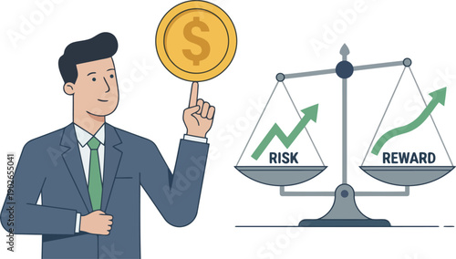 Balancing Risk and Reward: A man thoughtfully balances the golden coin as a visual representation of the inherent balance between risk and reward in the financial market.