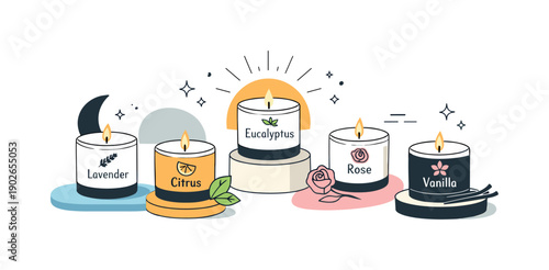 Aromatherapy Candle Display. Essential oil candles collection. A tidy display of aromatherapy candles, each labeled with a botanical scent like lavender or
