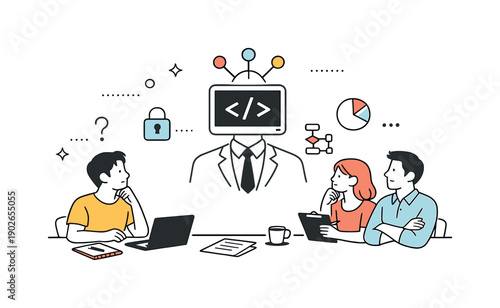 Invisible algorithmic boss. A thoughtful editorial scene where a faceless system icon replaces a human manager. The illustration suggests