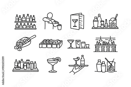 Vodka Bar Cocktail. Line icon set of Vodka Bar Cocktail: bar shelf bottle, bartender pour, cocktail menu card, mixing station, ice scoop,