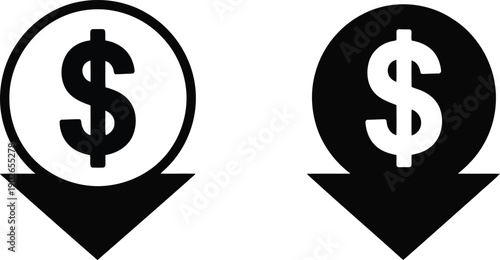 Two distinct icons display a dollar sign within a circle pointing downwards, symbolizing financial reduction