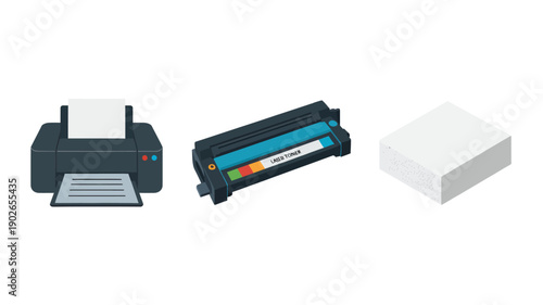 Printer and Toner Cartridge and Paper in Modern Minimalist Style with Bright Lighting on White Background for Office Supplies