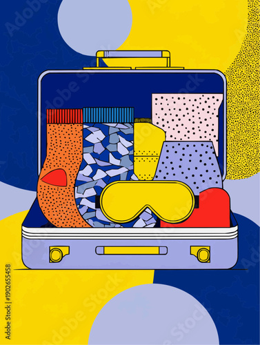 Vibrant flat design illustration of packing for a trip. An open suitcase is filled with cozy, patterned socks and a sleep mask. Bold graphic style with blue, yellow, and orange colors