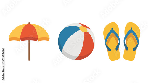 Beach accessories in vibrant colors with simple flat design for summer vacation