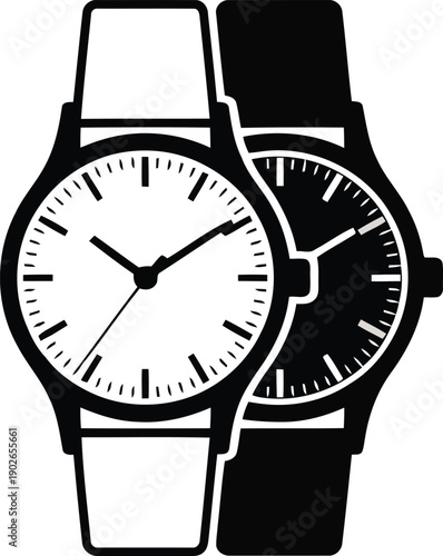 Two stylized wristwatch icons in contrasting black and white designs representing timekeeping devices