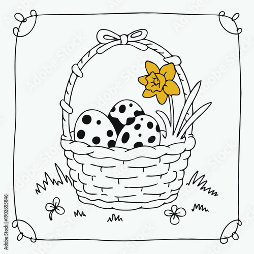 Easter basket with decorated eggs and yellow flower in spring  
