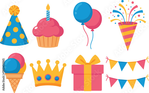 Set of birthday party elements including hat cupcake balloons ice cream popper crown gift and garland.