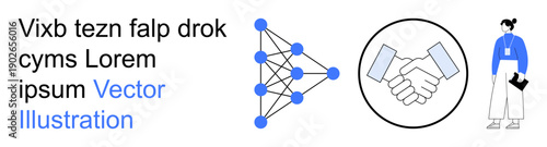 Artificial intelligence, teamwork, business partnerships, innovation, networking, professional communication. Visual elements include neural network diagram, handshake symbol, and person holding