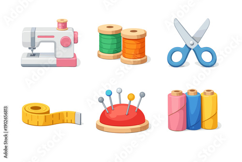 Collection of sewing and tailoring tools including a sewing machine, thread spools, scissors, and measuring tape