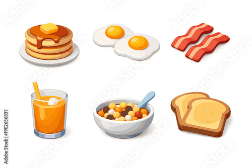 A collection of delicious breakfast food items including pancakes, eggs, bacon, juice, cereal, and toast