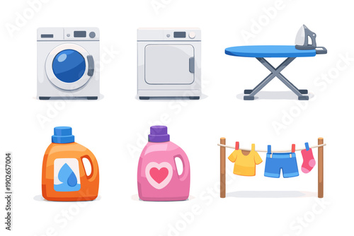 Collection of cartoon laundry and cleaning supplies with washing machine and dryer