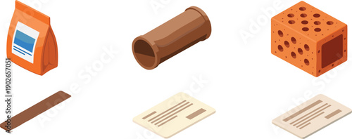 Isometric construction materials set including cement bag, pipe, brick and wooden plank, building supplies elements for industrial and architectural projects