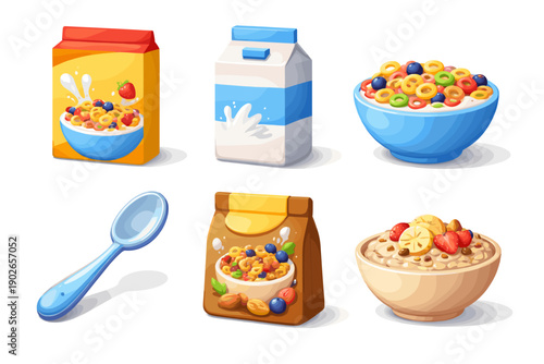 Healthy breakfast assortment with cereal, milk, and oatmeal