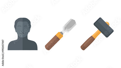 Sculptor with chiseling tools in simple flat design with gray and brown colors on white background for graphic design