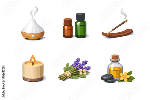 Aromatherapy and relaxation essentials: diffuser, oils, incense, candle, lavender, and stones