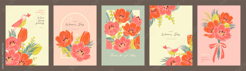 Fototapeta premium Set of greeting card designs in trendy grainy style with spring tulips, mimosa branches and birds for International Women's Day celebration on March 8, vector illustration
