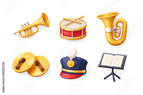Collection of brass and percussion instruments with a marching band hat and music stand