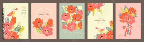 Set of greeting card designs in trendy grainy style with spring tulips, mimosa branches and birds for International Women's Day celebration on March 8, vector illustration