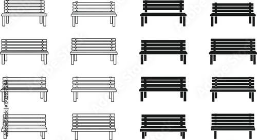Vector illustration of sixteen park benches in 4x4 grid, shown as outlined drawings and solid black silhouettes, highlighting varied slat, leg, and structural designs.
