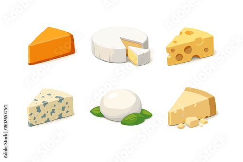 Collection of six different types of cheese slices and balls on a white background