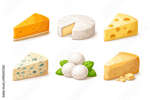 Assortment of delicious cheeses including cheddar, brie, swiss, blue cheese, and mozzarella