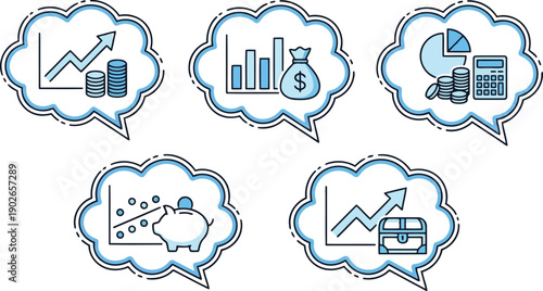 Financial Visions: An array of stylized thought bubbles float, each illustrating a unique facet of the financial world through charts, graphs, and symbols, encapsulating concepts of growth, savings.