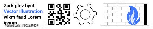 Cybersecurity, technology systems, security measures, firewall protection, data encryption, and scanning. QR code, gear and brick wall with a flame icon. Cybersecurity and technology systems