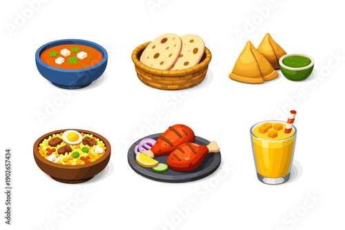 Collection of delicious Indian food dishes and drinks in a flat design style