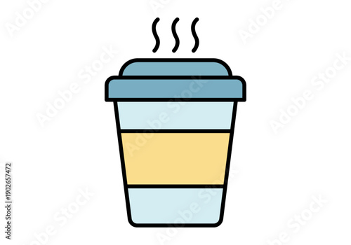 Vaso de café para llevar con tapa azul y vapor caliente sobre 