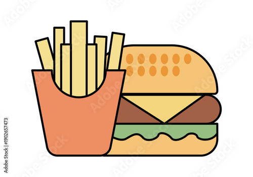 Menú de hamburguesa con queso y patatas fritas en estilo de línea minimalista 