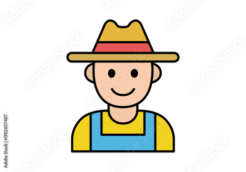Avatar de agricultor sonriente con sombrero de paja y peto azul 