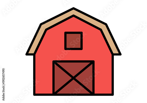 Granero agrícola rojo con tejado de madera y puerta clásica 