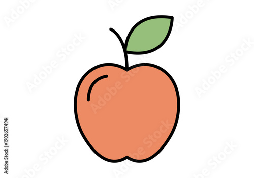 Manzana de color naranja suave con una hoja verde pequeña en estilo de dibujo lineal