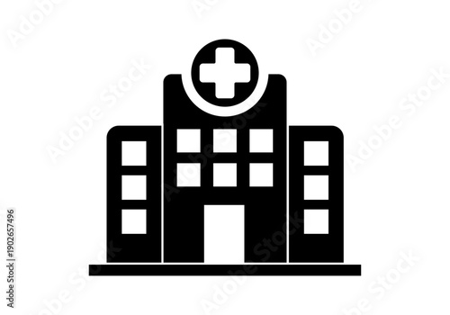 Edificio de hospital con símbolo de cruz médica en estilo de icono negro