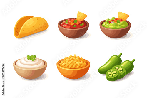 Mexican food ingredients and dips arranged in a grid for a festive culinary theme