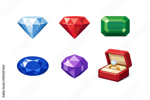 Collection of colorful precious gemstones and a diamond ring in a box