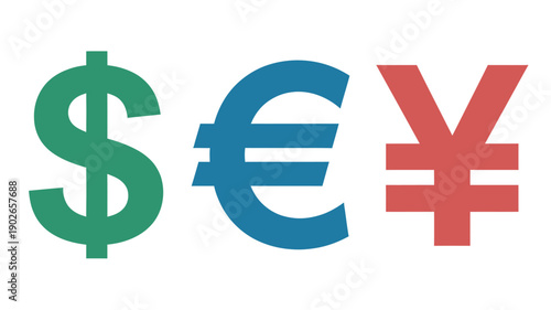 Currency Symbols in Green Blue Red Colors on White Background for Finance