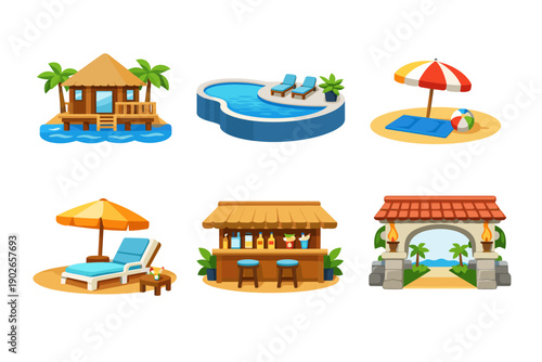 Collection of tropical resort and beach vacation icons with a flat design style