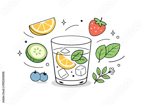 Spring refreshment ingredients. Fruits and herbs gently floating around a glass, emphasizing lightness and freshness. Abstract editorial