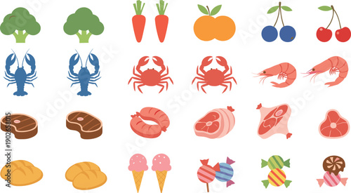 Flat Vector Illustration Set of Various Fresh Food and Grocery Items Including Broccoli, Carrots, Oranges, Cherries, Lobster, Crab, Shrimp, Meat Cuts, Bread, and Sweet Treats