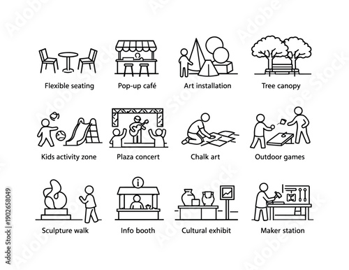 Public Plaza Icons. Activating Public Plazas. Line icon set of Activating Public Plazas: flexible seating, pop-up cafe, art installation, tree canopy, kids