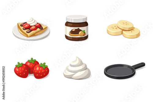 Delicious crepe with strawberries, chocolate, and whipped cream, plus ingredients