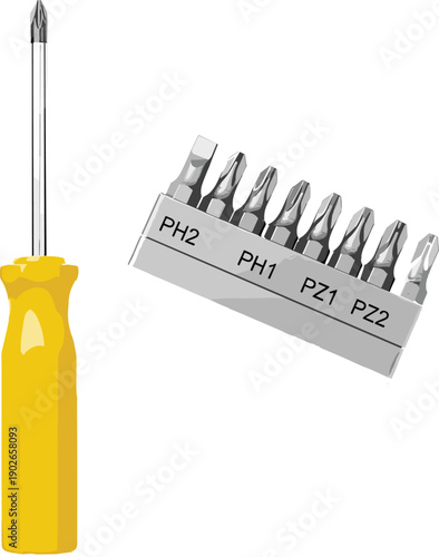 Isometric screwdriver with interchangeable Phillips and Pozidriv bits set isolated on white background for repair and DIY work