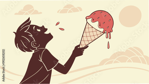 Happy child enjoying melting ice cream cone on sunny day